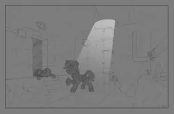 Size: 2900x1900 | Tagged: safe, artist:wandrevieira1994, derpibooru import, oc, oc:littlepip, unofficial characters only, pony, rat, unicorn, fallout equestria, bone, bottle, image, monochrome, png, sewer, skeleton, sketch