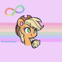 Size: 800x800 | Tagged: safe, artist:flutterberrypie, derpibooru import, applejack, earth pony, pony, animated, applejack's hat, ask, autism, bust, colored pinnae, cowboy hat, cute, ear twitch, female, freckles, gif, hat, headcanon, image, infinity symbol, jackabetes, mare, neurodivergent, no pupils, open mouth, portrait, rainbow flag, silly, solo, stimming