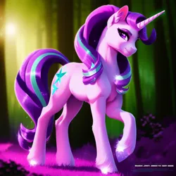 Size: 1024x1024 | Tagged: safe, derpibooru import, machine learning generated, purplesmart.ai, stable diffusion, starlight glimmer, pony, unicorn, ear fluff, female, forest, grass, image, mare, png, solo, sparkly mane, tree, walking