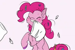 Size: 3000x2000 | Tagged: safe, artist:deadfox89216134, artist:schizophrenicfox, artist:schizophrenicfox42, derpibooru import, pinkie pie, earth pony, pony, eyes closed, feather, image, jpeg, mouth hold, pillow, pillow fight, simple background, solo, white background, youtube link