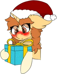 Size: 4753x6129 | Tagged: safe, artist:skylarpalette, derpibooru import, oc, oc:morning latte, unofficial characters only, pony, unicorn, blushing, bow, christmas, coat markings, commission, cute, female, fluffy, hat, holiday, horn, image, looking down, mare, png, present, santa hat, socks (coat marking), surprised, unicorn oc, ych result