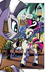 Size: 750x1154 | Tagged: safe, artist:andypriceart, derpibooru import, idw, marini, zecora, pony, zebra, spoiler:comic, spoiler:comic89, beautiful, dialogue, duo, farasi, female, g4, image, jpeg, mare, multicolored hair, season 10, speech bubble