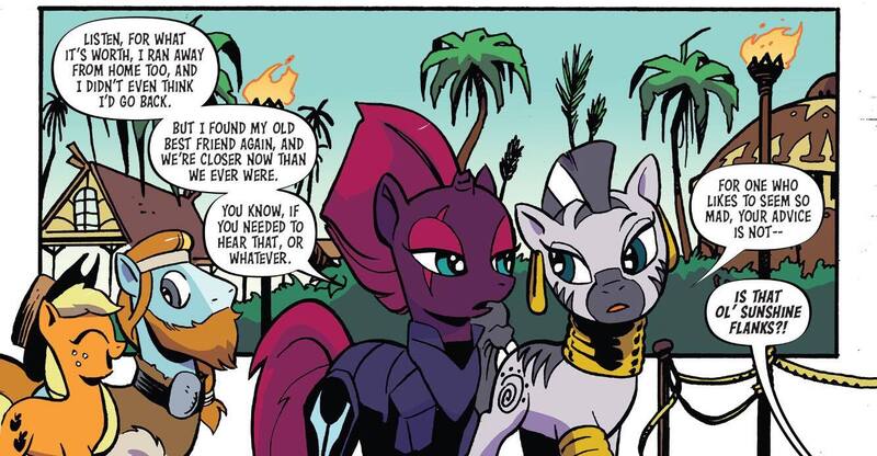 Size: 1334x694 | Tagged: safe, artist:andypriceart, derpibooru import, idw, applejack, rockhoof, tempest shadow, zecora, earth pony, pony, unicorn, zebra, spoiler:comic, spoiler:comic89, dialogue, duo focus, farasi, female, g4, image, jpeg, male, mare, offscreen character, season 10, speech bubble, stallion