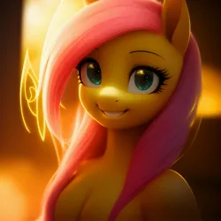 Size: 3072x3072 | Tagged: suggestive, ai content, derpibooru import, generator:anything pony: sd is magic, machine learning generated, stable diffusion, fluttershy, anthro, g4, anything pony: sd is magic, breasts, cleavage, female, gold background, green eyes, high res, image, jpeg, looking at you, prompt in description, prompter:marusame, smiling, smiling at you, solo