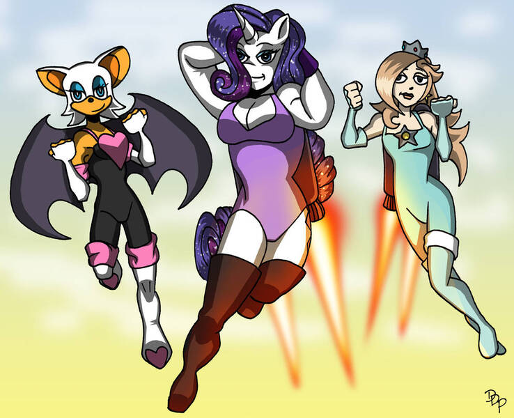 Size: 992x806 | Tagged: safe, artist:ddpeterson, derpibooru import, rarity, anthro, bat, human, unicorn, bodysuit, clothes, female, flying, image, jetpack, jpeg, jumpsuit, leotard, princess rosalina, rosalina, rouge the bat, sonic the hedgehog (series), super mario bros., trio, trio female