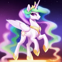 Size: 1024x1024 | Tagged: safe, derpibooru import, machine learning generated, purplesmart.ai, stable diffusion, princess celestia, alicorn, pony, collar, cute, cutie mark, ethereal mane, ethereal tail, female, floating, folded wings, hoof shoes, image, jewelry, looking to the left, majestic, png, regalia, sideways glance, smiling, solo, stars, tail, tiara, wings
