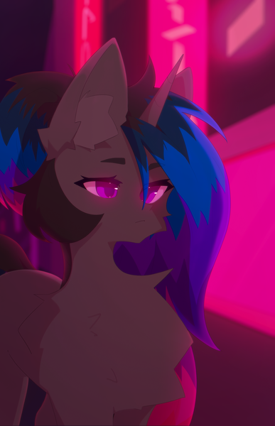 Size: 2579x4003 | Tagged: safe, alternate version, artist:rofu, derpibooru import, neon lights, rising star, oc, oc:efri, unofficial characters only, pony, unicorn, city, female, glow, glowing eyes, image, night, png, street