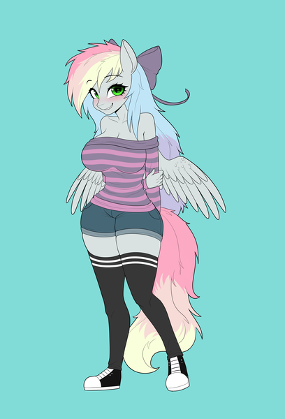 Size: 2560x3768 | Tagged: safe, artist:tomiku, derpibooru import, oc, oc:blazey sketch, unofficial characters only, anthro, pegasus, big breasts, bow, breasts, clothes, commission, converse, full body, green eyes, grey fur, hair bow, image, large butt, long hair, long tail, looking at you, multicolored hair, png, shoes, shorts, shy, simple background, small wings, smiling, smiling at you, socks, sweater, tail, thigh highs, wings