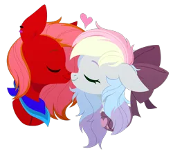 Size: 3000x2708 | Tagged: safe, artist:belka-sempai, derpibooru import, oc, oc:blazey sketch, oc:lucas reins, unofficial characters only, pegasus, bandana, bow, bust, clothes, couple, gift art, hair bow, heart, image, long hair, multicolored hair, nuzzling, piercing, png, portrait, simple background, sweater, transparent background