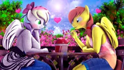 Size: 3840x2160 | Tagged: safe, artist:sallymarshop, derpibooru import, oc, oc:blazey sketch, unofficial characters only, anthro, pegasus, 3d, blue eyes, brown mane, couple, detailed background, food, green eyes, grey fur, ice cream, image, multicolored hair, pegasus oc, png, source filmmaker, wings, yellow fur