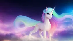 Size: 4096x2304 | Tagged: safe, ai content, derpibooru import, generator:anything pony: sd is magic, machine learning generated, stable diffusion, princess celestia, pony, unicorn, g4, anything pony: sd is magic, female, galaxy, image, jpeg, mare, missing accessory, prompt in description, prompter:marusame, race swap, solo, unicorn celestia