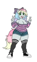 Size: 907x1509 | Tagged: safe, artist:artistbrogan, derpibooru import, oc, oc:blazey sketch, unofficial characters only, anthro, pegasus, plantigrade anthro, big breasts, bow, breasts, clothes, double peace sign, gift art, green eyes, grey fur, hair bow, image, large butt, long hair, long tail, multicolored hair, peace sign, pegasus oc, png, shoes, shorts, simple background, socks, sweater, tail, thigh highs, white background, wings