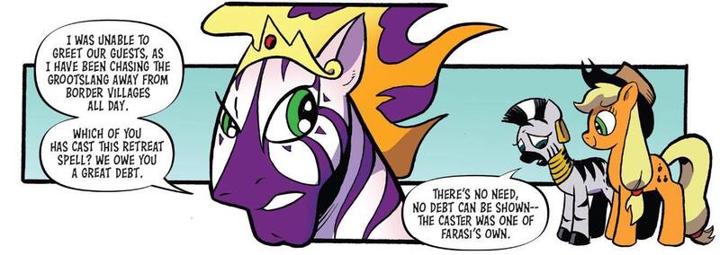 Size: 1334x473 | Tagged: safe, artist:andypriceart, derpibooru import, idw, applejack, zecora, earth pony, pony, zebra, spoiler:comic, spoiler:comic90, dialogue, female, g4, image, jpeg, male, mane of fire, mare, prince abraxas, season 10, solo focus, speech bubble, stallion