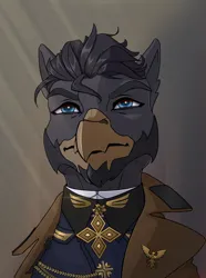 Size: 2228x3000 | Tagged: safe, artist:callsign-echo, derpibooru import, oc, oc:leonard rodier, unofficial characters only, gryphon, equestria at war mod, badge, bust, clothes, eared griffon, facial hair, image, male, military, military uniform, overcoat, png, solo, uniform