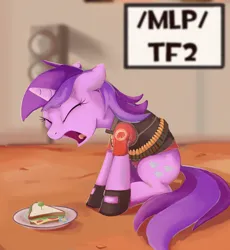 Size: 1200x1303 | Tagged: safe, derpibooru import, amethyst star, pony, unicorn, /mlp/ tf2 general, badwater, bullet, eyes closed, food, heavy weapons guy, image, jpeg, open mouth, sandvich, sandwich, screaming