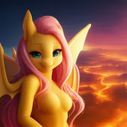 Size: 3072x3072 | Tagged: suggestive, derpibooru import, machine learning generated, fluttershy, anthro, dragon, anything pony: sd is magic, breasts, dragoness, dragonified, featureless breasts, female, flutterdragon, green eyes, image, jpeg, solo, species swap, wings