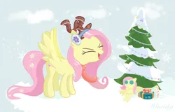 Size: 4970x3190 | Tagged: safe, artist:winstiky, derpibooru import, fluttershy, pegasus, pony, candy, candy cane, christmas, christmas tree, clothes, earmuffs, eyes closed, fake antlers, fluttershy plushie, food, g4, holiday, image, plushie, png, present, scarf, solo, spread wings, tree, wings, yay
