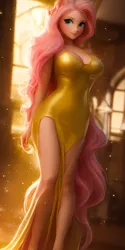 Size: 2048x4096 | Tagged: suggestive, derpibooru import, machine learning generated, fluttershy, human, anything pony: sd is magic, female, gold dress, green eyes, humanized, image, jewelry, jpeg, looking at you, microsoft, solo, window, windows