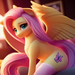 Size: 2304x2304 | Tagged: safe, derpibooru import, machine learning generated, fluttershy, pegasus, pony, anything pony: sd is magic, chest fluff, clothes, green eyes, image, jpeg, looking at you, pink socks, sitting, socks, solo, wings