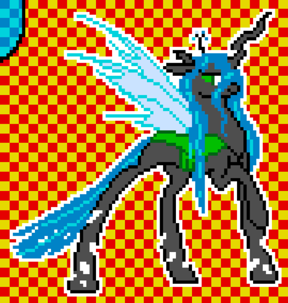 Size: 627x660 | Tagged: safe, artist:anonymous, queen chrysalis, changeling, changeling queen, pony, female, image, long tail, mane, mare, pixel art, pixelplanet.fun, png, purple mane, wings, wings extended