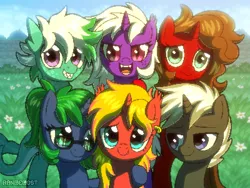 Size: 800x600 | Tagged: safe, artist:rangelost, derpibooru import, oc, oc:cinnamon swirl, oc:deedee, oc:emerald wave, oc:majestic circlet, oc:pewter, oc:zap transfer, unofficial characters only, kelpie, pony, sea pony, unicorn, grass, grass field, group photo, group shot, image, looking at each other, looking at someone, looking at you, png, side hug