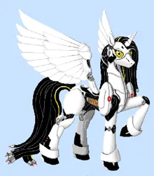 Size: 582x660 | Tagged: safe, artist:theholytuna, ponified, alicorn, pony, robot, robot pony, angry, better living through science and ponies, bicolor mane, cable mane, cable tail, eyelashes, female, glados, image, mane, mare, pixel art, pixelplanet.fun, png, portal (valve), robotic arm, robotic hoof, robotic legs, robotic wing, yellow eyes, yellow sclera