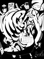 Size: 2250x3000 | Tagged: safe, artist:bridge, derpibooru import, oc, oc:line, oc:qinna, unofficial characters only, dog, earth pony, fish, pegasus, autograph, bag, black and white, black background, bow, clothes, grayscale, hairpin, image, keyboard, long hair, long socks, long tail, machine, monochrome, music, phone, png, poster, simple background, sitting, skirt, spread wings, tail, wings