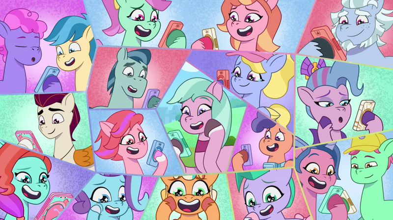 Size: 3500x1959 | Tagged: safe, derpibooru import, screencap, queen haven, my little pony: tell your tale, spoiler:g5, spoiler:my little pony: tell your tale, a day in the life, alphabittle blossomforth, dahlia, g5, glory (g5), image, jazz (g5), peach fizz, pippsqueak trio, png, rocky (g5), rufus, seashell (g5)