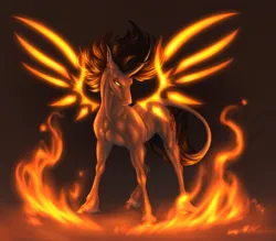 Size: 1920x1680 | Tagged: safe, artist:dementra369, derpibooru import, oc, unofficial characters only, pony, unicorn, artificial wings, augmented, fire, glow, glowing eyes, image, jpeg, leonine tail, looking at you, magic, magic wings, male, solo, tail, unshorn fetlocks, wings