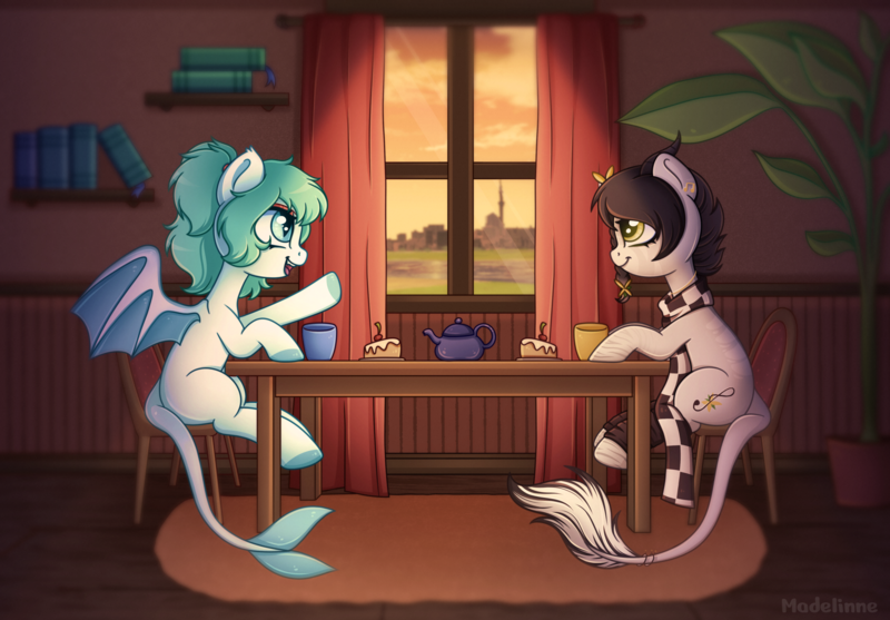 Size: 3000x2087 | Tagged: safe, artist:madelinne, derpibooru import, oc, oc:sound error, oc:spicy mint, unofficial characters only, background, book, cake, coffee, duo, food, image, png, sitting, sunset, talking, window