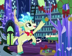 Size: 1161x900 | Tagged: safe, artist:pixelkitties, derpibooru import, part of a set, alice the reindeer, deer, reindeer, antlers, bow, bowtie, candy, candy cane, christmas, christmas decoration, christmas tree, cloven hooves, food, freckles, holiday, i can't believe it's not hasbro studios, image, ornament, ornaments, png, solo, tree, twilight's castle, unshorn fetlocks