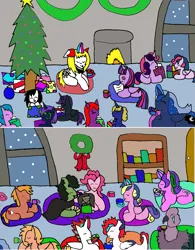 Size: 1083x1387 | Tagged: safe, artist:ask-luciavampire, derpibooru import, princess luna, twilight sparkle, oc, oc:nyx, alicorn, earth pony, gryphon, pegasus, pony, undead, unicorn, vampire, vampony, christmas, christmas lights, christmas tree, holiday, image, png, tree