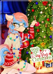 Size: 1574x2200 | Tagged: suggestive, artist:stainedglasslighthea, derpibooru import, oc, oc:dracey, anthro, pegasus, braid, christmas, christmas lights, christmas tree, clothes, commission, female, glasses, holiday, image, kneeling, looking at someone, png, single fang, smiling, socks, solo, solo female, stockings, sweater, thigh highs, tree, ych result
