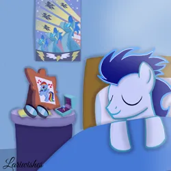 Size: 1300x1300 | Tagged: safe, artist:mlplary6, derpibooru import, soarin', pegasus, pony, bed, bust, engagement ring, glasses, image, implied shipping, implied soarindash, implied straight, male, photo, png, portrait, poster, sleeping, smiling, stallion
