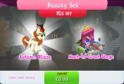 Size: 1267x856 | Tagged: safe, derpibooru import, official, autumn blaze, coloratura, kirin, bundle, bush, camera, cloven hooves, costs real money, countess coloratura, curtains, english, female, gameloft, horn, image, jpeg, mobile game, my little pony: magic princess, numbers, photo, quill, sale, solo, solo focus, stage, text