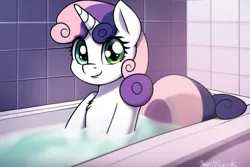 Size: 768x512 | Tagged: safe, derpibooru import, machine learning generated, novelai, stable diffusion, sweetie belle, pony, unicorn, bath, bathing, bathroom, bathtub, female, filly, foal, image, impossibly long tail, png, tail