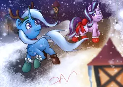 Size: 2736x1932 | Tagged: safe, artist:swasfews, derpibooru import, starlight glimmer, trixie, pony, unicorn, blushing, bow, duo, duo female, fake antlers, female, holiday, ice, image, jpeg, lamppost, mare, night, sky, snow, snowflake, tail, tail bow