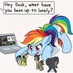 Size: 1000x1000 | Tagged: safe, artist:dstears, derpibooru import, daring do, doctor caballeron, rainbow dash, pegasus, pony, alternate hairstyle, animated, camera, computer, cute, dashabetes, female, gif, image, laptop computer, mare, offscreen character, open mouth, open smile, ponytail, smiling, spread wings, starry eyes, stop motion, tongue out, toy, wingding eyes, wings