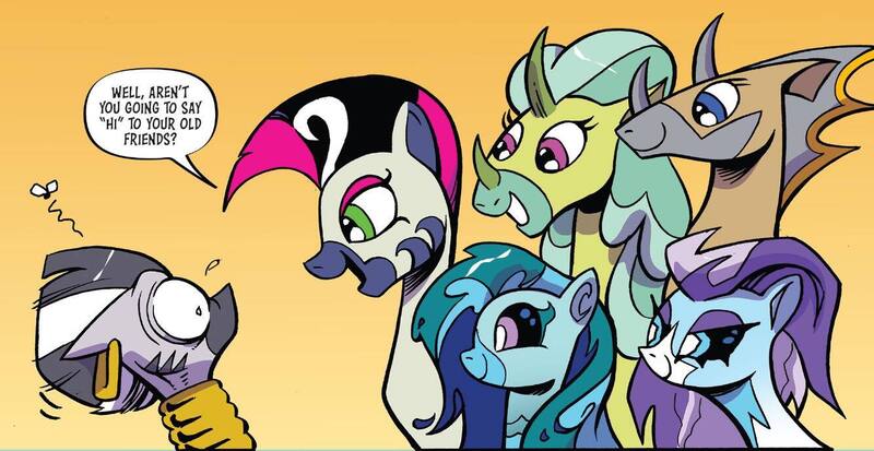 Size: 1334x688 | Tagged: safe, artist:andypriceart, derpibooru import, idw, cactus rose, crystal (character), marini, medley brook, zecora, abada, kelpie, pony, zebra, spoiler:comic, spoiler:comic89, dialogue, dust devil (idw), emanata, faic, female, g4, gradient background, group, image, jpeg, mare, nonbinary, season 10, speech bubble