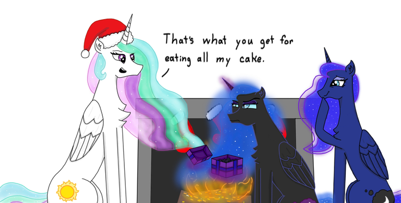 Size: 1637x828 | Tagged: safe, artist:nismorose, derpibooru import, nightmare moon, princess celestia, princess luna, alicorn, pony, annoyed, blue eyes, canterlot castle, chest fluff, christmas, christmas presents, christmas stocking, clothes, coal, cutie mark, digital art, ear fluff, ethereal mane, ethereal tail, eyelashes, eyeshadow, family, female, fire, fireplace, g4, giggling, glare, glow, glowing horn, hat, hearts warming day, holiday, horn, image, indoors, jpeg, magic, magic aura, makeup, mare, prank, revenge, santa hat, see-through, siblings, sisters, sitting, slit pupils, slouching, smiling, smirk, socks, sparkly mane, sparkly tail, speech, starry mane, starry tail, stockings, tail, talking, telekinesis, text, thigh highs, trio, trollestia, trolling, wings