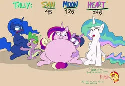 Size: 3758x2580 | Tagged: safe, artist:rupertbluefox, derpibooru import, princess cadance, princess celestia, princess luna, spike, sunset shimmer, twilight sparkle, alicorn, dragon, pony, unicorn, series:sunsmoons&heartbellyballoons, bedroom eyes, belly, belly hug, big belly, blushing, chibi, chubby, chubby cheeks, dialogue, fat, fat fetish, female, fetish, grin, heart, hoof on belly, huge belly, image, incentive drive, male, missing accessory, missing cutie mark, nervous, obese, png, poking, princess decadence, princess moonpig, smiling, squishy cheeks, this will end in weight gain, tongue out, yelling