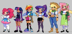 Size: 2048x977 | Tagged: safe, artist:dokukiui, derpibooru import, applejack, fluttershy, pinkie pie, rainbow dash, rarity, twilight sparkle, human, bandaid, bandaid on nose, boots, choker, clothes, denim, elf ears, equestria girls outfit, front knot midriff, gloves, grin, high heels, humanized, image, jeans, jpeg, legwear, lidded eyes, light skin, mane six, midriff, moderate dark skin, one eye closed, pants, shoes, skirt, smiling, sneakers, socks, spread wings, tan skin, winged humanization, wings, wink