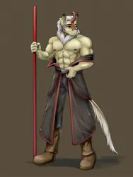Size: 1350x1800 | Tagged: safe, artist:d-lowell, oc, oc:snowblaze, unofficial characters only, anthro, kirin, abs, brown background, clothes, image, jpeg, male, partial nudity, robe, simple background, solo, staff, topless