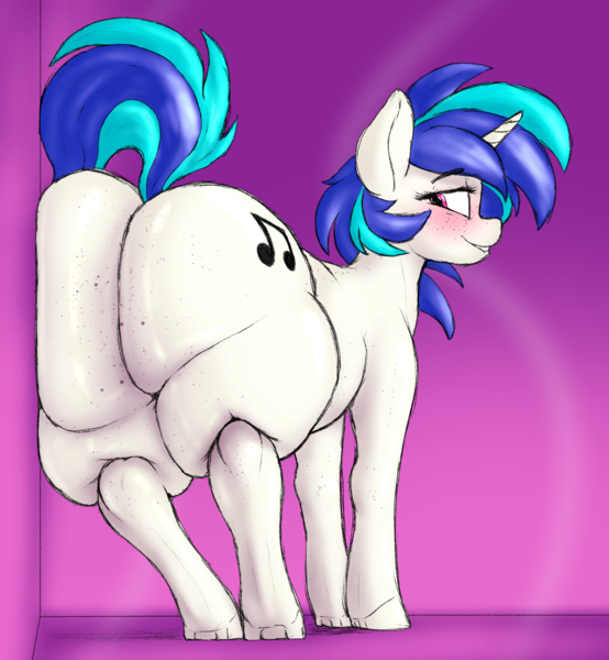Size: 1742x1887 | Tagged: questionable, artist:crazy water, artist:doomfister, derpibooru import, vinyl scratch, pony, unicorn, butt, image, large butt, png, post-vore, story in the source, the ass was fat, vinyl ass, vinyl pred, vore, weight gain