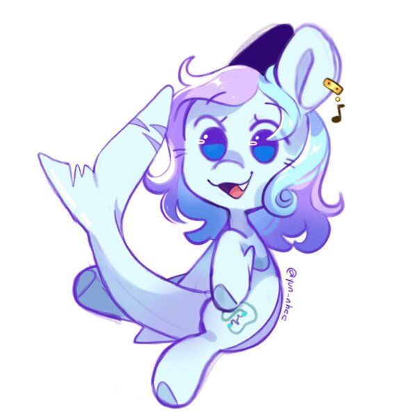 Size: 2048x2048 | Tagged: safe, artist:yun_nhee, derpibooru import, oc, oc:wavebud, original species, pony, shark, shark pony, chibi, cute, ear piercing, eye lashes, fangs, female, fins, image, jewelry, jpeg, mare, piercing, simple background, solo, two toned mane