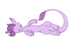 Size: 1253x700 | Tagged: safe, artist:carnifex, color edit, derpibooru import, edit, oc, oc:lavender, dracony, dragon, hybrid, pony, colored, colored sketch, female, image, interspecies offspring, lidded eyes, lying down, offspring, parent:rarity, parent:spike, parents:sparity, png, side, simple background, sketch, tail, tail fluff, tail wag, white background