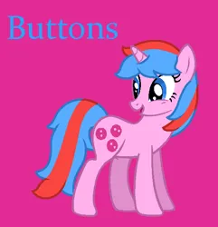 Size: 566x587 | Tagged: safe, artist:jigglewiggleinthepigglywiggle, derpibooru import, buttons (g1), pony, unicorn, base used, blue text, cute, female, g1, g1 buttonbetes, g1 to g4, g4, generation leap, image, magenta background, mare, multicolored hair, multicolored mane, multicolored tail, open mouth, open smile, png, simple background, smiling, solo, tail, text