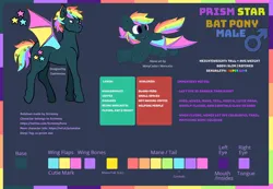 Size: 1600x1106 | Tagged: safe, artist:dashienova, artist:monycaalot, artist:scrimmypone, derpibooru import, oc, oc:prism star, unofficial characters only, bat pony, pony, bat pony oc, bat wings, color palette, colorful, fangs, heterochromia, image, male, png, rainbow, reference sheet, smiling, solo, solo male, spread wings, wings