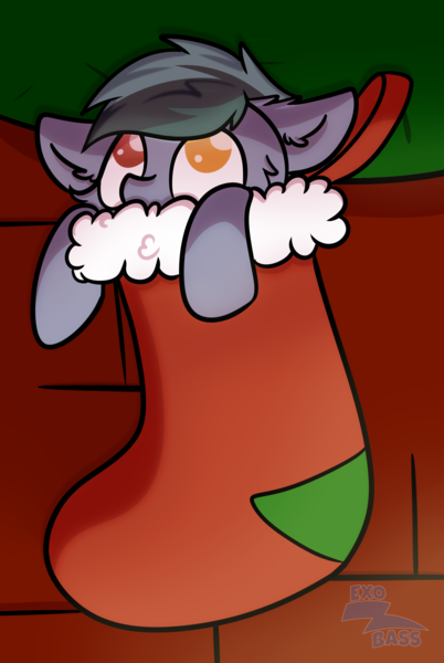 Size: 2189x3265 | Tagged: safe, artist:exobass, derpibooru import, oc, oc:scrimmy, unofficial characters only, bat pony, pony, bat pony oc, bat wings, christmas, christmas stocking, commission, complex background, heterochromia, holiday, image, looking up, male, png, solo, solo male, wings, ych result