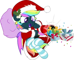 Size: 6162x5000 | Tagged: safe, artist:jhayarr23, derpibooru import, oc, oc:prism star, unofficial characters only, bat pony, pony, bat pony oc, bat wings, cannon, christmas, clothes, commission, costume, cross-eyed, excited, fangs, hat, heterochromia, holiday, image, male, mistletoe, multicolored hair, open mouth, party cannon, png, present, present cannon, rainbow hair, santa costume, santa hat, simple background, smiling, socks, solo, solo male, spread wings, striped socks, transparent background, wings, ych result